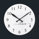Relógio Redondo Nome do Monograma Girly de Script Moderno Branco N<br><div class="desc">Relógio de Nome do Monograma Simples Preto e Branco. Isto faz o doce e perfeito aniversário de 16 anos,  casamento,  chá de panela,  aniversário,  chá de fraldas ou festa de solteira presente para alguém que ama luxo de luxo e estilos quíticos.</div>