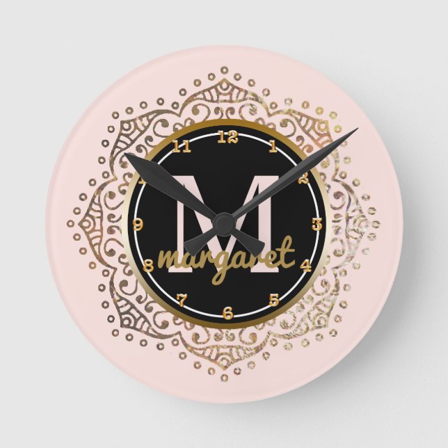Relógio Redondo Nome monograma | Boho Mandala Blush Dourado (Frente)