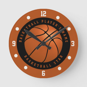 Relógio Redondo Nome Personalizado Basquete Preto e Laranja