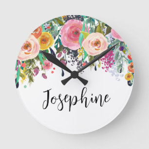 Relógio Redondo Nome Personalizado Boho Floral Bedroom NurserArt