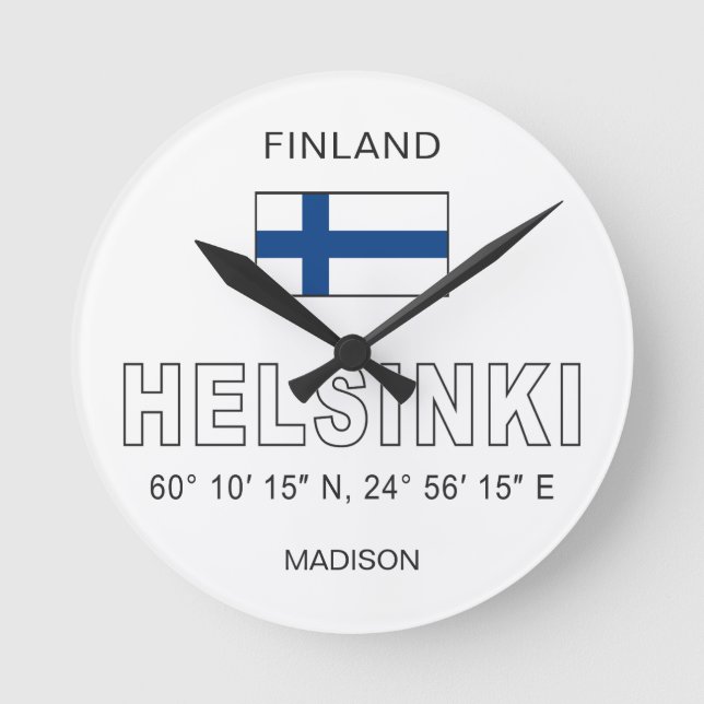 Relógio Redondo Nome Personalizado Coordenadas de Helsinque (Frente)