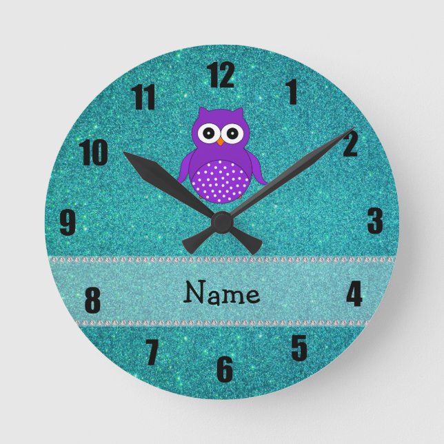 Relógio Redondo Nome personalizado coruja turquesa glitter (Frente)