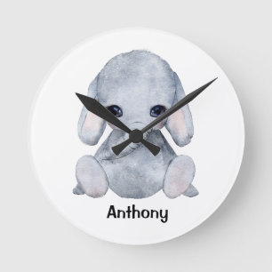 Relógio Redondo Nome Personalizado do Elefante Watercolor Modern