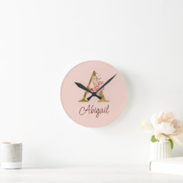 Relógio Redondo Nome Personalizado Folha de Ouro Blush Rosas Rosa