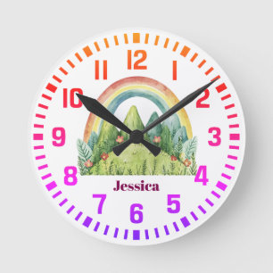 Relógio Redondo Nome Personalizado legal Aquarela Arco-íris e Mont
