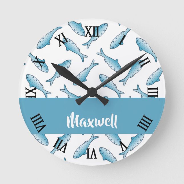Relógio Redondo Nome personalizado peixe azul em branco (Frente)