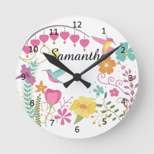 Relógio Redondo Nome Personalizado Personalizado do Hummingbird