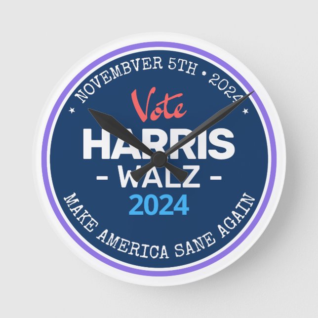 Relógio Redondo Nosso Make America Sane Novamente Harris Walz 2024 (Frente)
