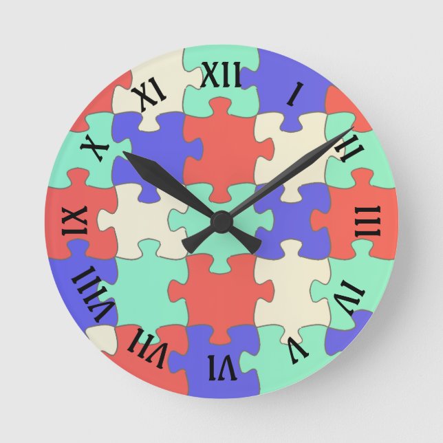 Relógio Redondo Numerais Romanos Diversos, Peças de Quebra-cabeça  (Frente)
