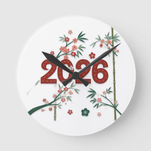 Relógio Redondo Números de Bambu 2026 com Flor de Cerejeira