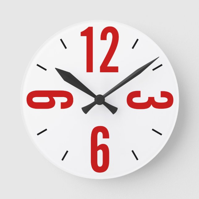 Relógio Redondo Números grandes de vermelho e preto modernos (Frente)