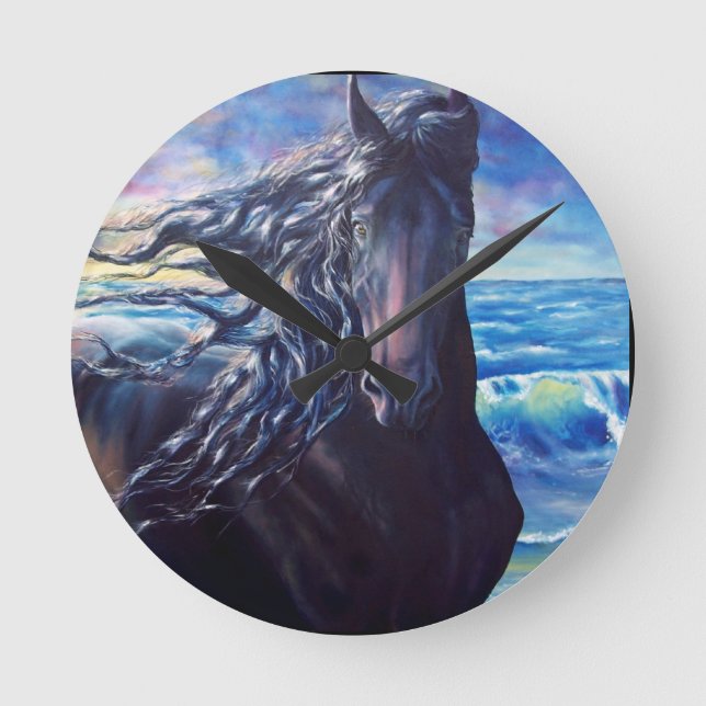 Relógio Redondo O garanhão negro de cavalo frívio no oceano atira  (Frente)