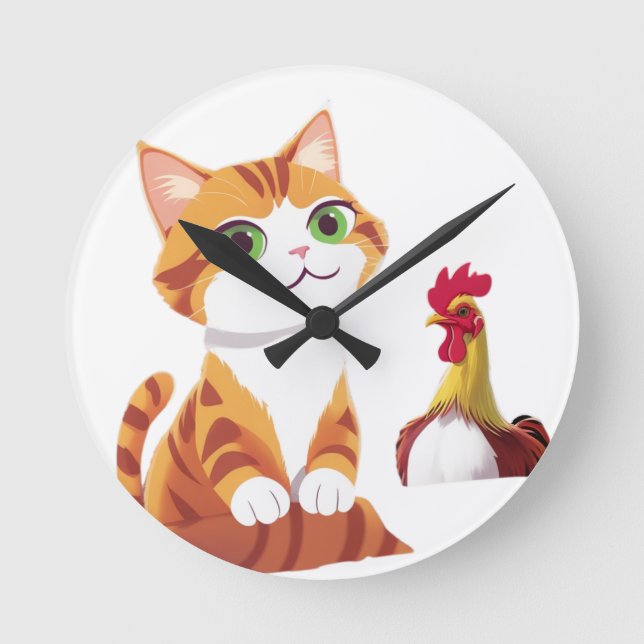 Relógio Redondo O gato e o frango (Frente)