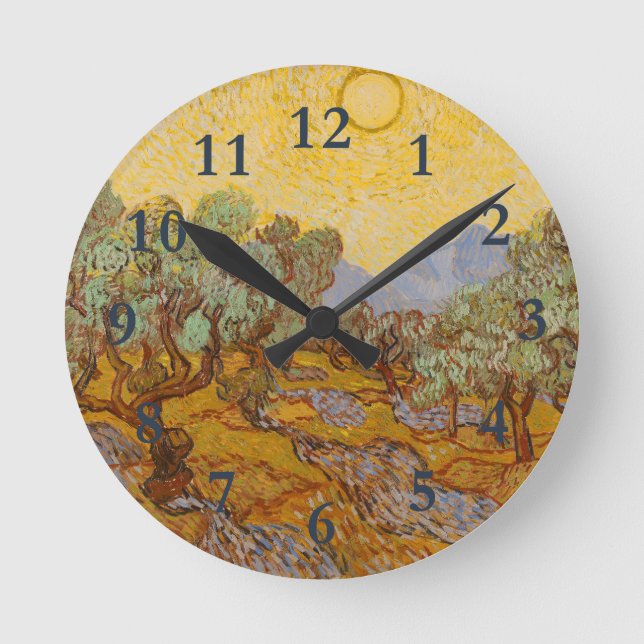 Relógio Redondo Oliveiras de Van Gogh Sol Amarelo Céu (Frente)