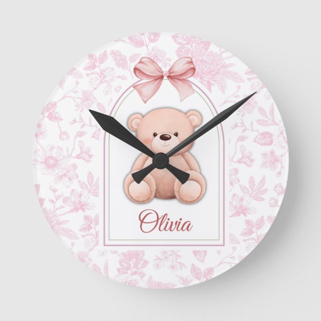 Relógio Redondo Olivia | Design de Enfermeiro de Urso Rosa Persona (Frente)