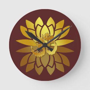Relógio Redondo OM Omkara e Flor de Lotus Colorido Dourado
