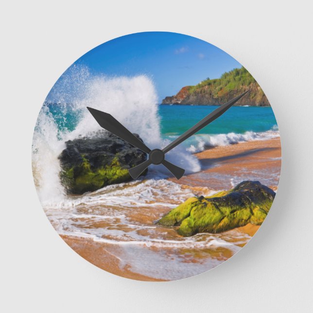 Relógio Redondo Ondas caem na praia, Havaí (Frente)