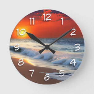 Relógio Redondo Ondas do Oceano e Pôr do Sol na Chuva Arenosa