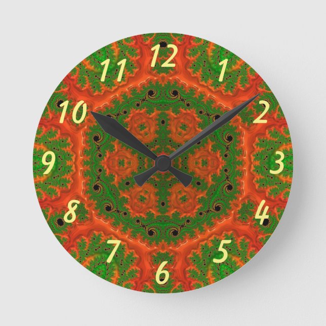Relógio Redondo Orange and Green Kaleidoscope Wall Clock (Frente)