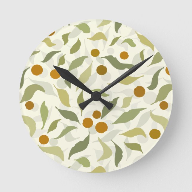 Relógio Redondo Orange Berries and Leaves on creme - pattern.  (Frente)