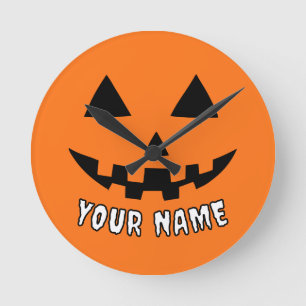 Relógio Redondo Orange Pumpkin Personalizado Halloween Seu Nome