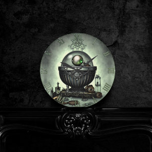 Relógio Redondo Ornamentado Steampunk Cauldron e Itens Mágicos em