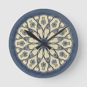 Relógio Redondo Ornamento de Mandala Radial Azul Bege Vintage