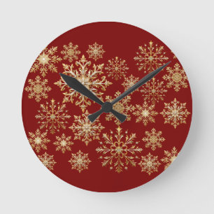 Relógio Redondo Ouro de Natal e Floco de Neve Vermelho