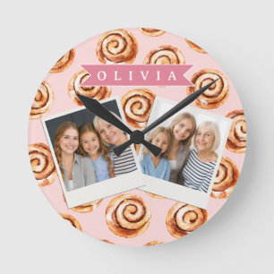 Relógio Redondo Padaria Personalizada de Rolo de Canela Rosa Fofa