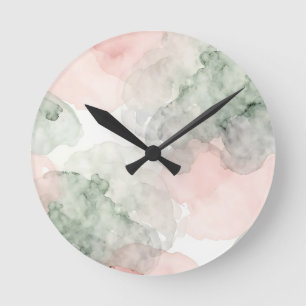 Relógio Redondo Padrão Abstrato em Rosa Suave e Verde Sálvia em Aq