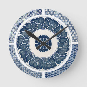 Relógio Redondo Padrão Antigo de Porcelana Azul e Branco Chinesa