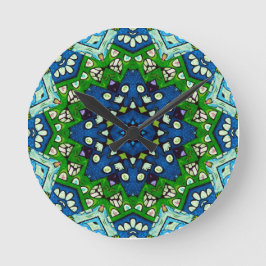 Relógio Redondo Padrão Azul Verde-Mosaico Mandala Retro