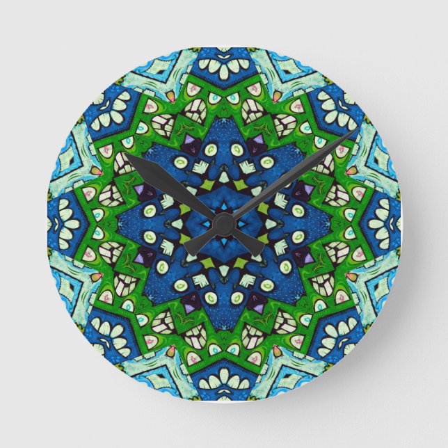 Relógio Redondo Padrão Azul Verde-Mosaico Mandala Retro (Frente)