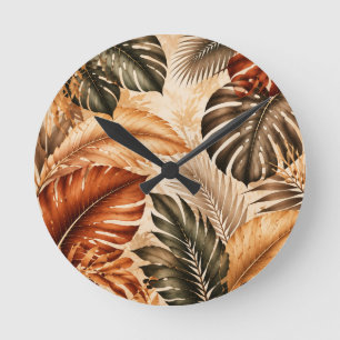 Relógio Redondo Padrão Botânico Monstera Tropical de Outono