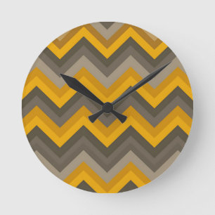 Relógio Redondo Padrão Chevron Retro Mostarda Amarelo Cinza