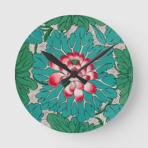 Relógio Redondo Padrão Chinês de Teal Verde Rosa Vermelho