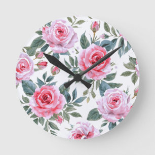 Relógio Redondo Padrão de aquarela Cottagecore de rosa floral rosa