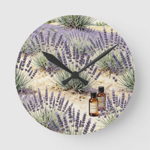 Relógio Redondo Padrão de Aquarela de Campo de Lavanda Óleo Essenc