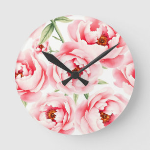 Relógio Redondo Padrão de aquarela de flores de peônia rosa