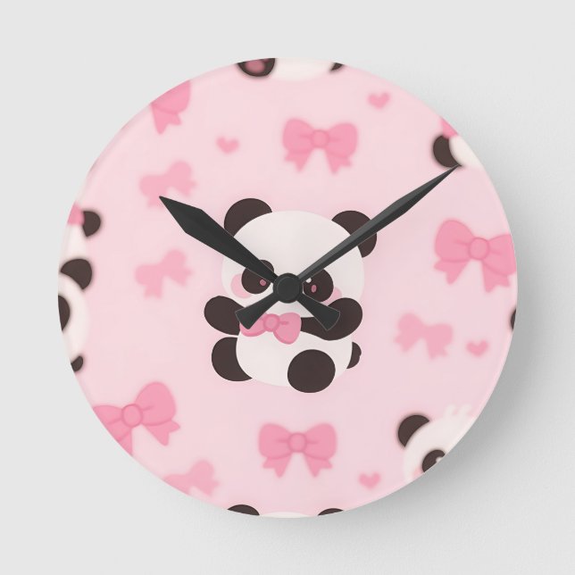 Relógio Redondo Padrão de Arco Rosa Kawaii Panda (Frente)