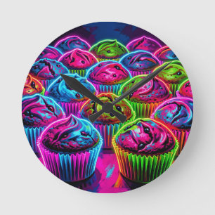 Relógio Redondo Padrão de Cupcakes com Brilho Neon