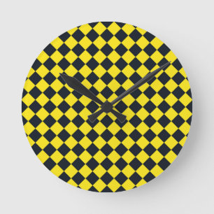 Relógio Redondo Padrão de Diamante Xadrez Amarelo Preto