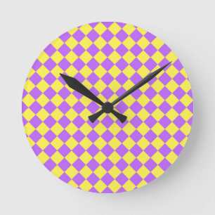 Relógio Redondo Padrão de Diamante Xadrez Amarelo Roxo