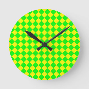 Relógio Redondo Padrão de Diamante Xadrez Verde Amarelo