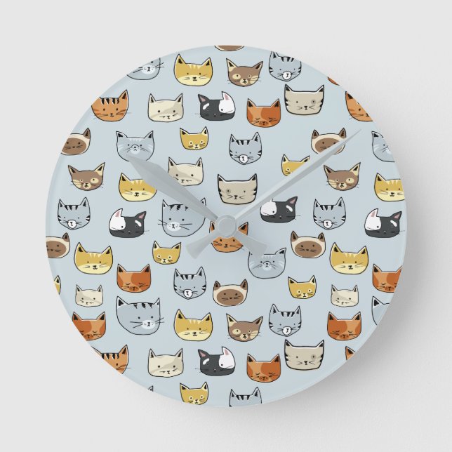 Relógio Redondo Padrão de Doodle do Rosto de Gato (Frente)