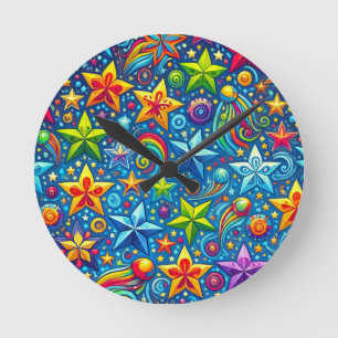 Relógio Redondo Padrão de estrelas coloridas
