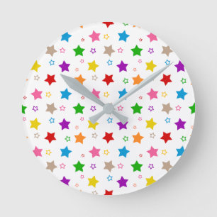 Relógio Redondo Padrão de Estrelas Coloridas em Branco