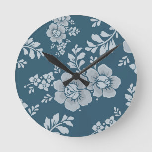 Relógio Redondo Padrão de Flor Azul Vintage Elegante
