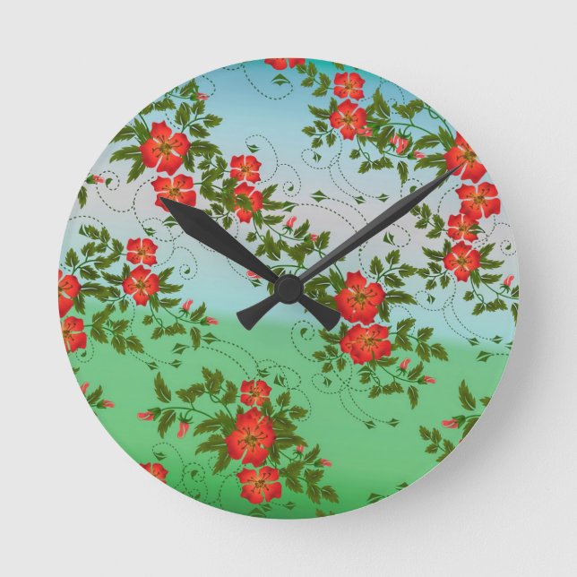 Relógio Redondo Padrão de Flor Vermelha e Verde (Frente)