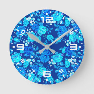 Relógio Redondo Padrão de Flores de Rosa Azul Clássico-87600